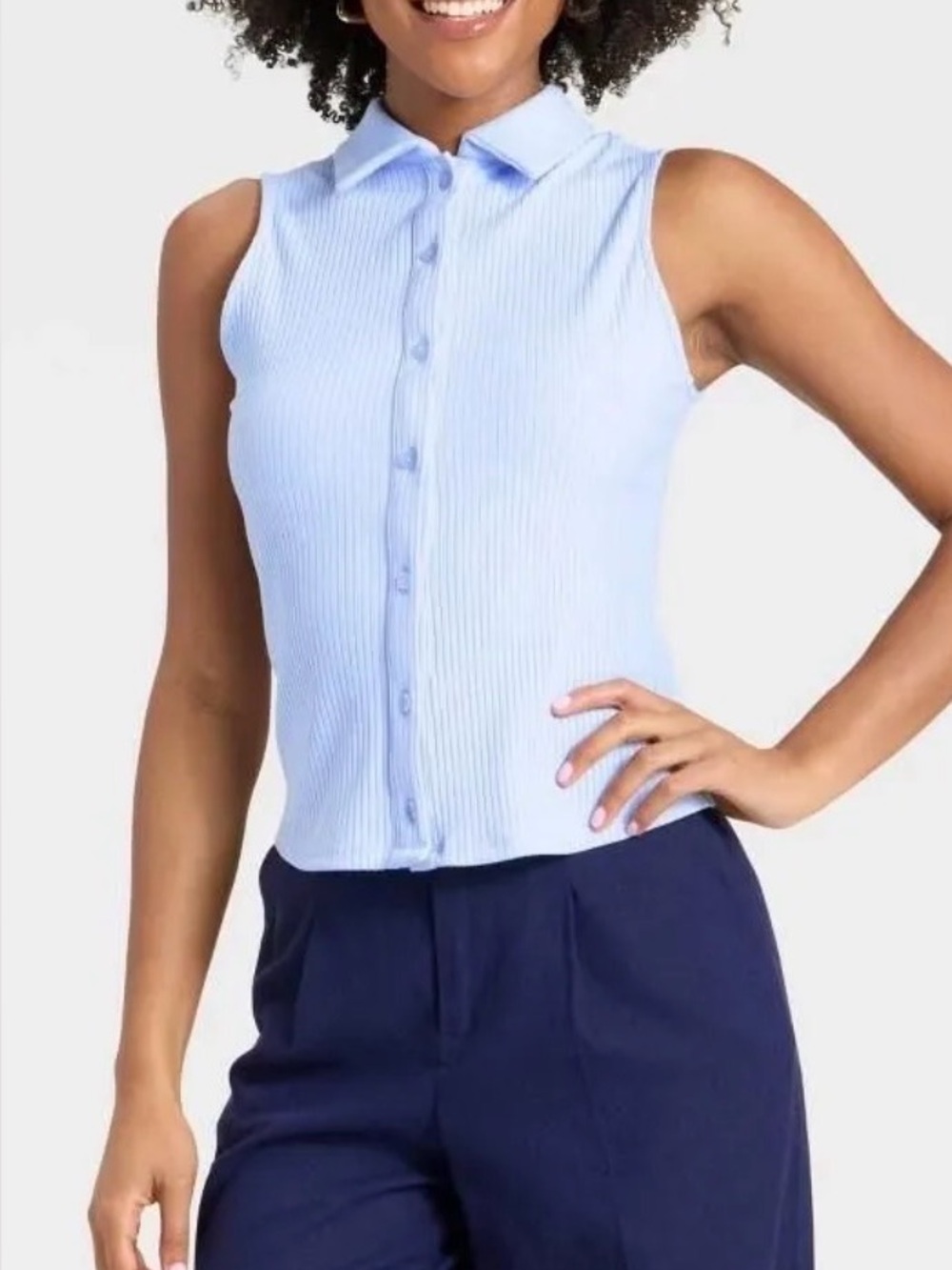 a new day Light Blue Ribbed Sleeveless Button-Front Top